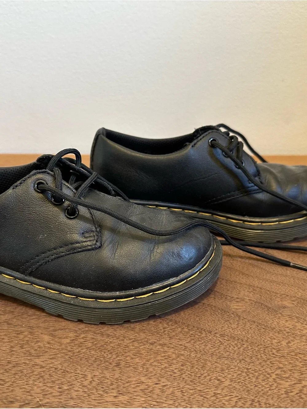 Dr. Martens Boys Black Leather Lace-Up Shoes with Yellow Stitching
